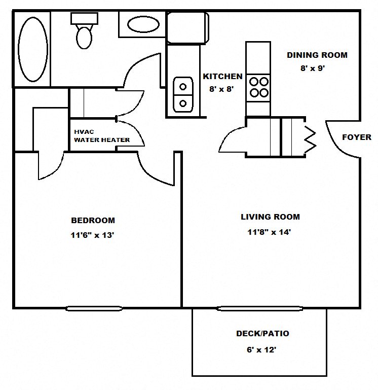 Floor plan for 1 Bedroom 1 Bathroom Apartment